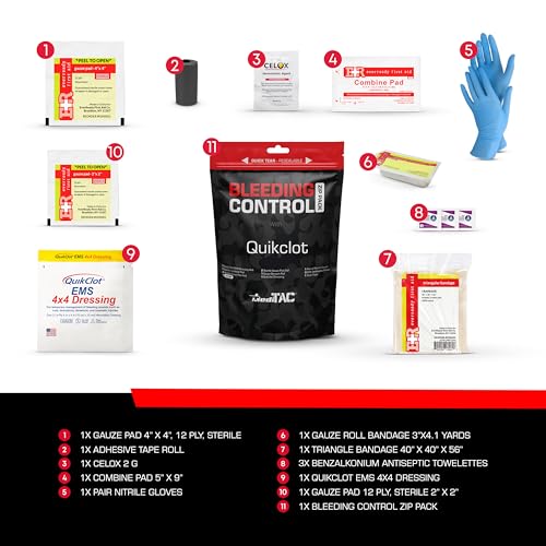 MediTac Bleeding Control Zip Pack with QuikClot, Celox, Gauze Pads, Triangular Bandage, BZK Wipes, Nitrile Gloves, Tape – Trauma First Aid Kit for Emergency Use - Image 2