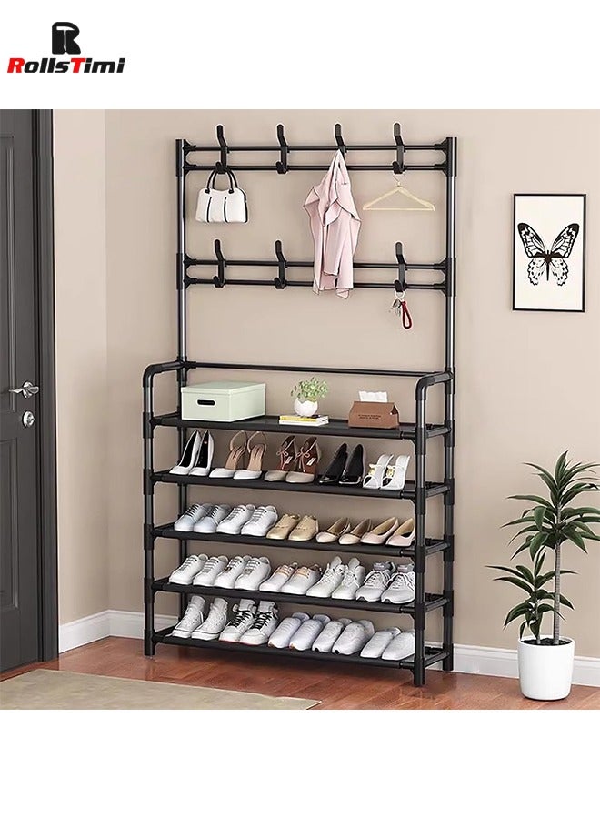RollsTimi  Coat Rack with Shoe Storage 5-Tier Coat and Shoe Rack Shoe Rack with Coat Hanger Coat Rack Stand with Shoe Rack Shoe Stand Organizer with 8 Hooks for Hallway, Entryway - Image 1
