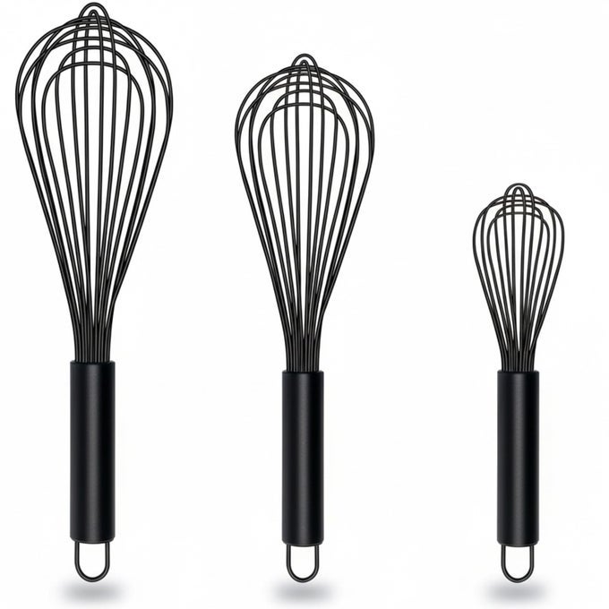 SILICONE WHISK SET OF 3 NON SCRATCH NON STICK SILICONE COATED STAINLESS STEEL WIRE WHISKS HEAT RESISTANT 480F KITCHEN WISK FOR COOKING BLENDING WHISKING TOOL BLACK