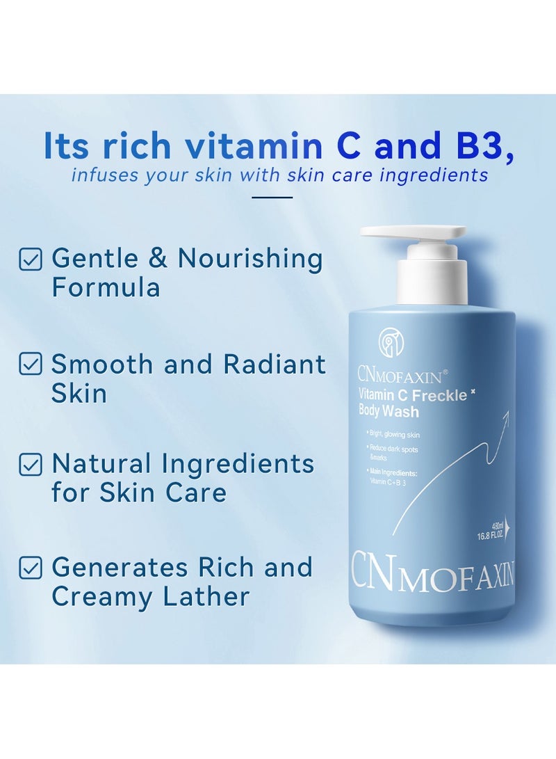 Brightening Vitamin C Body Wash – Shower Gel For Smooth & Glowing Skin, Moisturizing & Hydrating Body Cleanser with Vitamin C + B3 – Microcapsule Fragrance Technology – Organic & Skin Friendly (480ml)