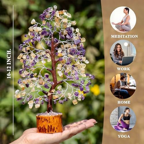 HindCraft Crystal Tree - Showpiece for Home Decor - Feng Shui Seven Chakra Tree - Home Decorations - - Marriage Gift Items - Antique Home Decor - 10-12 Inch (Amethyst & Citrine (Silver Wire)) - Image 2