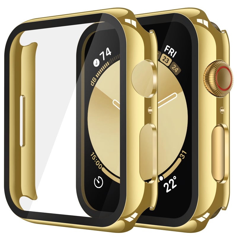 Misxi 2 Pack Tempered Glass Case Compatible for Apple Watch SE 3 (2025) SE 2 SE Series 6 Series 5 Series 4 44mm, Hard PC Screen Protector Overall Protection Cover for iWatch, 1 Gold + 1 Transparent - Image 1