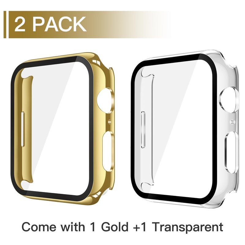 Misxi 2 Pack Tempered Glass Case Compatible for Apple Watch SE 3 (2025) SE 2 SE Series 6 Series 5 Series 4 44mm, Hard PC Screen Protector Overall Protection Cover for iWatch, 1 Gold + 1 Transparent - Image 2