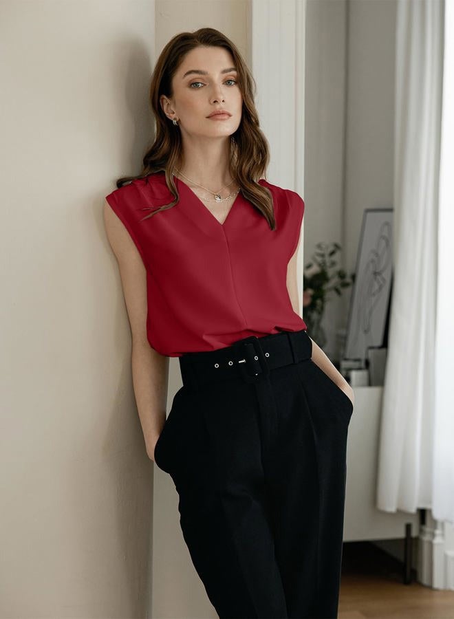 EVALESS Womens Pleated Tank Tops V Neck Casual Sleeveless Blouses Summer Basic Vest Shirt, Racing Red, S - Image 3