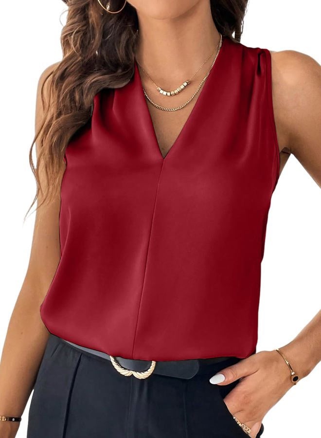EVALESS Womens Pleated Tank Tops V Neck Casual Sleeveless Blouses Summer Basic Vest Shirt, Racing Red, S - Image 1