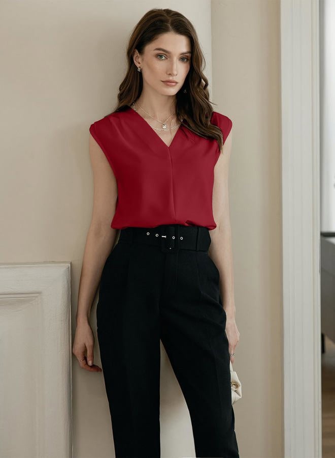 EVALESS Womens Pleated Tank Tops V Neck Casual Sleeveless Blouses Summer Basic Vest Shirt, Racing Red, S - Image 2