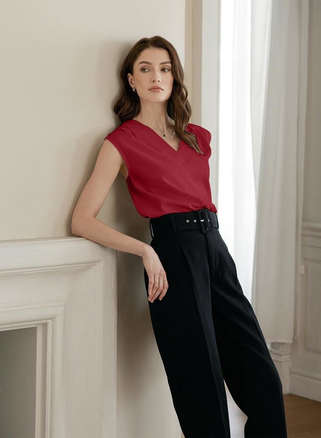 EVALESS Womens Pleated Tank Tops V Neck Casual Sleeveless Blouses Summer Basic Vest Shirt, Racing Red, S - Image 4