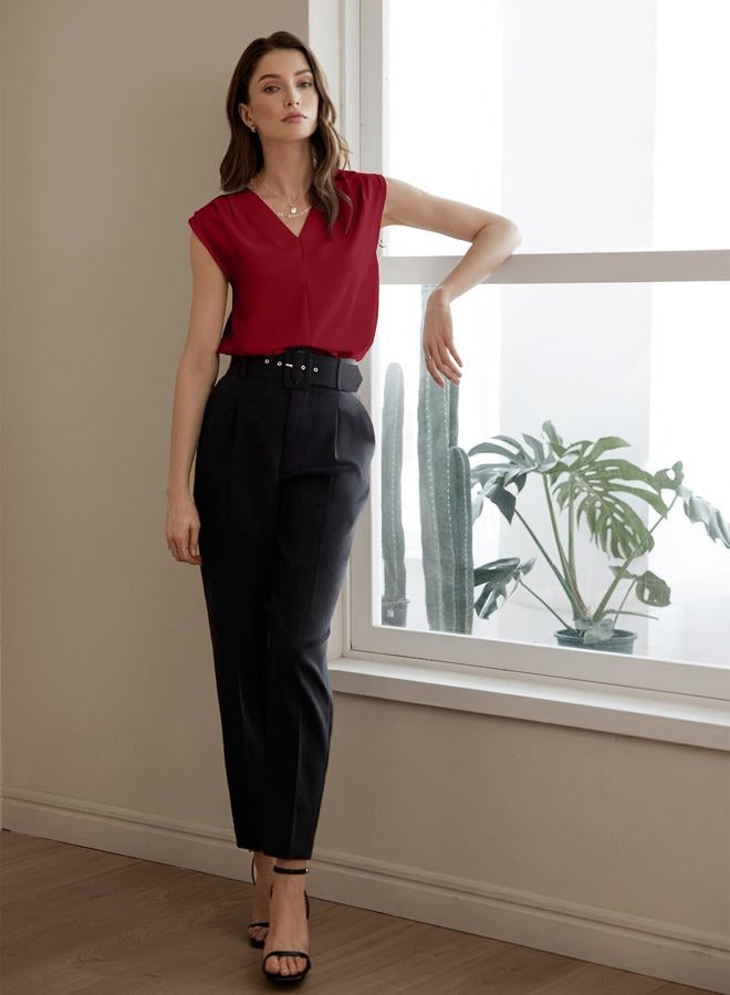 EVALESS Womens Pleated Tank Tops V Neck Casual Sleeveless Blouses Summer Basic Vest Shirt, Racing Red, S - Image 5