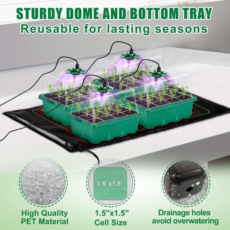 Apipi Seed Starter Tray with Grow Light & Heat Mat- 4 Pack 48 Cell Durable Easy Use Seed Starter Kit for Beginners, Thriving Seedling Germination Kit with Humidity Domes for Indoor Plant Growing Propagation - Image 5