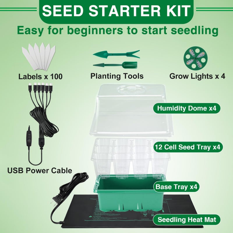 Apipi Seed Starter Tray with Grow Light & Heat Mat- 4 Pack 48 Cell Durable Easy Use Seed Starter Kit for Beginners, Thriving Seedling Germination Kit with Humidity Domes for Indoor Plant Growing Propagation - Image 4