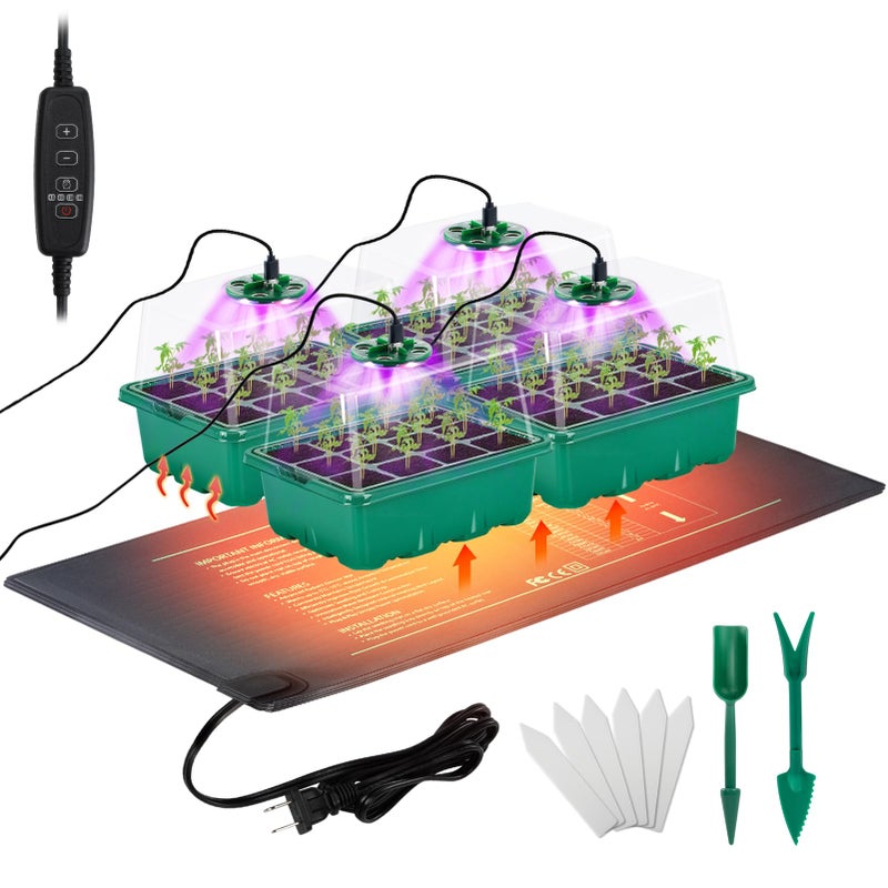 Apipi Seed Starter Tray with Grow Light & Heat Mat- 4 Pack 48 Cell Durable Easy Use Seed Starter Kit for Beginners, Thriving Seedling Germination Kit with Humidity Domes for Indoor Plant Growing Propagation - Image 1