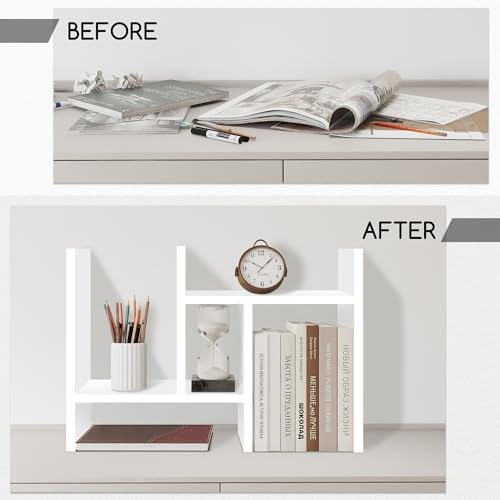 Jerry & Maggie Desktop Organizer Office Storage Rack Adjustable Wood Display Shelf Free Style Double H, Multi-Functional Mini Bookshelf for Desk Natural Stand (White) - Image 2