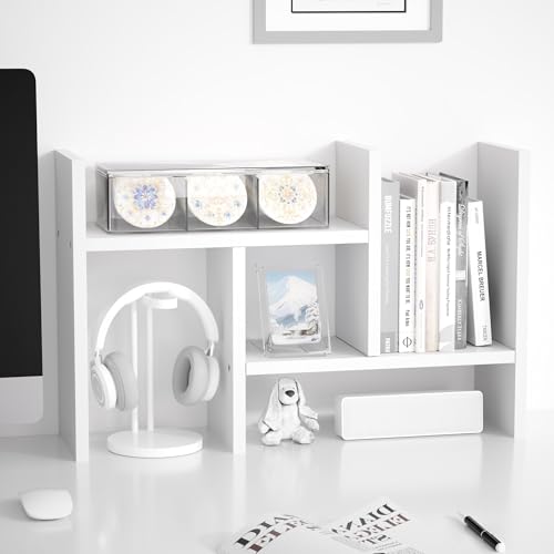 Jerry & Maggie Desktop Organizer Office Storage Rack Adjustable Wood Display Shelf Free Style Double H, Multi-Functional Mini Bookshelf for Desk Natural Stand (White) - Image 1