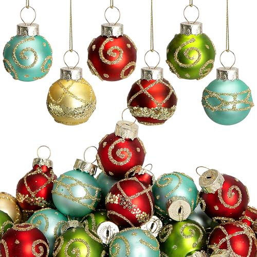 Watayo 24 Pcs Christmas Mini Multi Color Balls Glass Ornaments 1 Mini Vintage Glittering Ball Hanging Ornaments for Tree Red Green Gold Blue Glass Small Ball Tree Decoration for Xmas Home Decor - Image 1