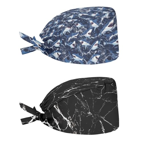 Babrukda 2 Pack Shark Marble Texture Black Pattern Turban Hats for Women Men Scrub Cap with Sweatband Adjustable Tie Back Working Hats for Housework Painting Photo Props Decoration Headwear - Image 1
