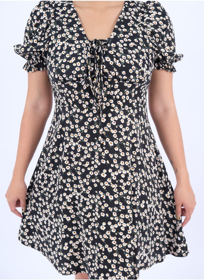 ONLY - Women’s Floral Tie-Up Neck Short Dress in Point AOP - Image 1