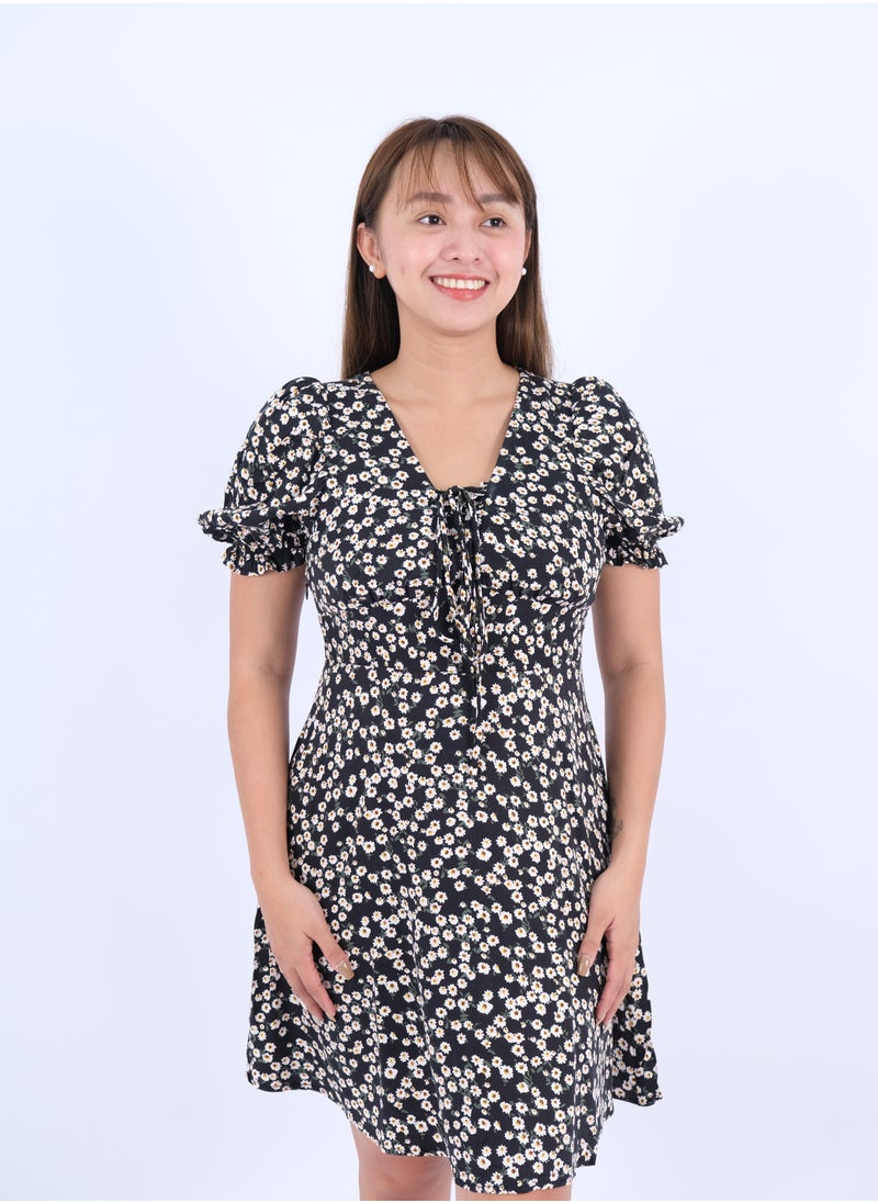 ONLY - Women’s Floral Tie-Up Neck Short Dress in Point AOP - Image 1
