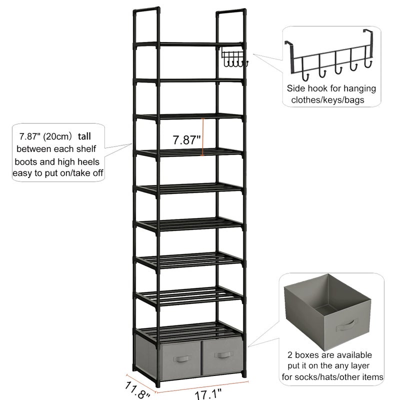 OYREL Tall Shoe Rack Narrow 10 Tier Shoes Rack 20 25 Pairs, Shoe Storage Organizer for Closet, Sturdy Metal Shoe Shelf Shoe Stand with 2 Boxes 1 Hook - Image 4
