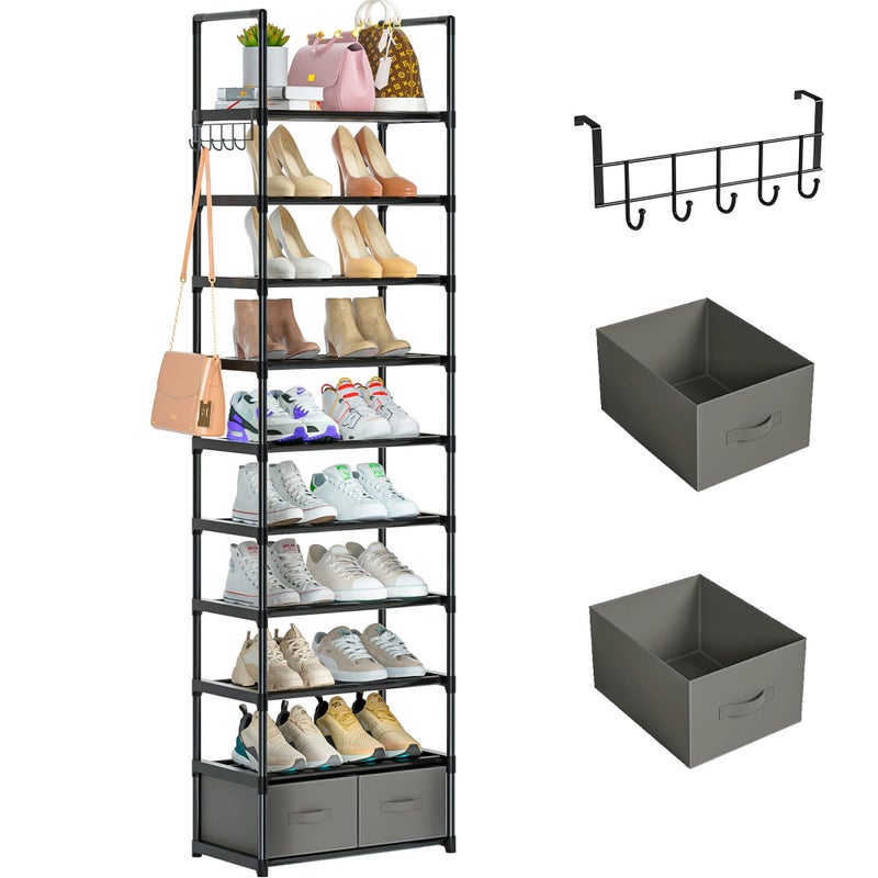 OYREL Tall Shoe Rack Narrow 10 Tier Shoes Rack 20 25 Pairs, Shoe Storage Organizer for Closet, Sturdy Metal Shoe Shelf Shoe Stand with 2 Boxes 1 Hook - Image 1