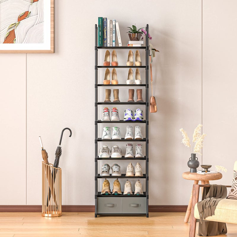 OYREL Tall Shoe Rack Narrow 10 Tier Shoes Rack 20 25 Pairs, Shoe Storage Organizer for Closet, Sturdy Metal Shoe Shelf Shoe Stand with 2 Boxes 1 Hook - Image 3