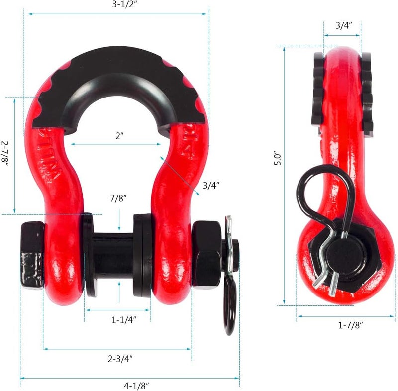 AMBULL Shackles 3/4 Inch D Ring Shackle (2 Pack) 45,000lb Break Strength with 7/8 Inch Pin, Isolator and Washer Kits for Use with Tow Strap, Winch, Off-Road Jeep Truck Vehicle Recovery, Red - Image 3