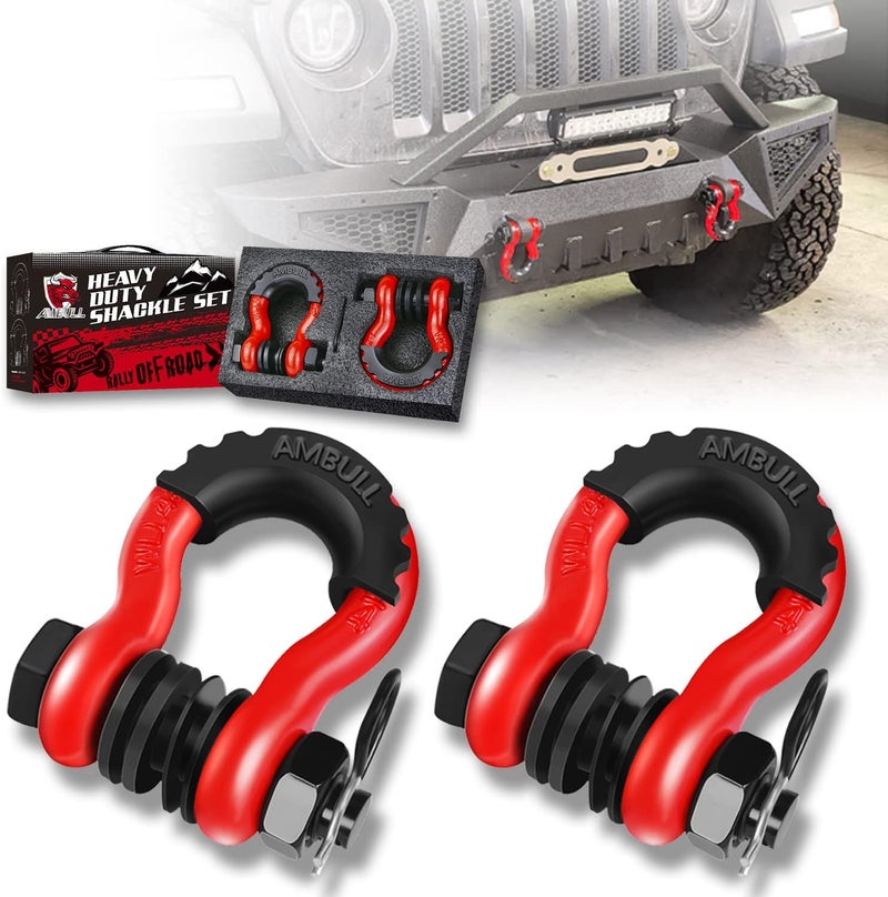 AMBULL Shackles 3/4 Inch D Ring Shackle (2 Pack) 45,000lb Break Strength with 7/8 Inch Pin, Isolator and Washer Kits for Use with Tow Strap, Winch, Off-Road Jeep Truck Vehicle Recovery, Red - Image 1