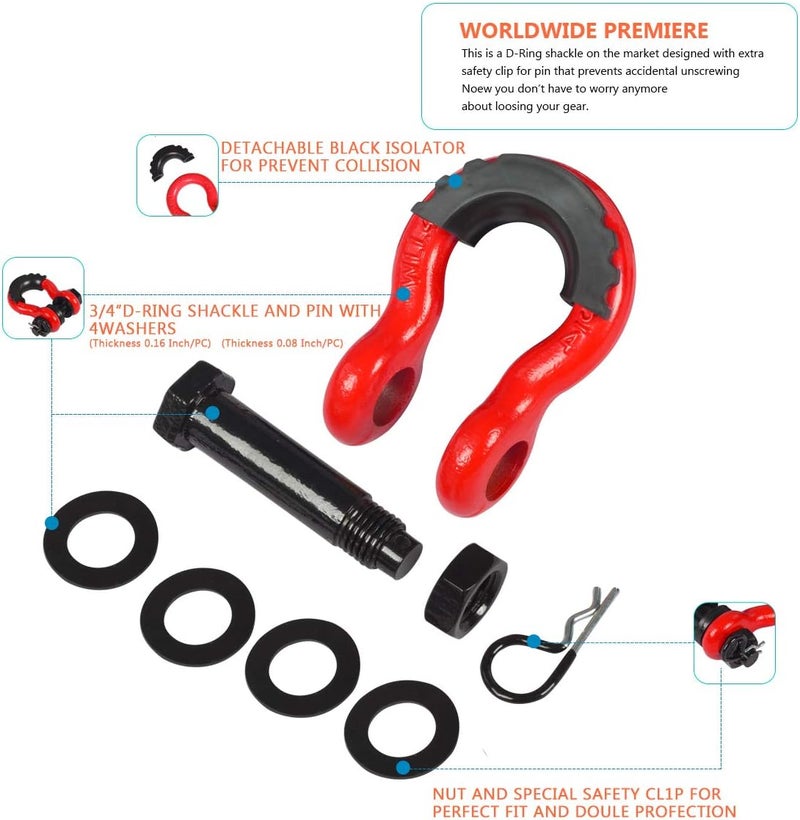 AMBULL Shackles 3/4 Inch D Ring Shackle (2 Pack) 45,000lb Break Strength with 7/8 Inch Pin, Isolator and Washer Kits for Use with Tow Strap, Winch, Off-Road Jeep Truck Vehicle Recovery, Red - Image 5
