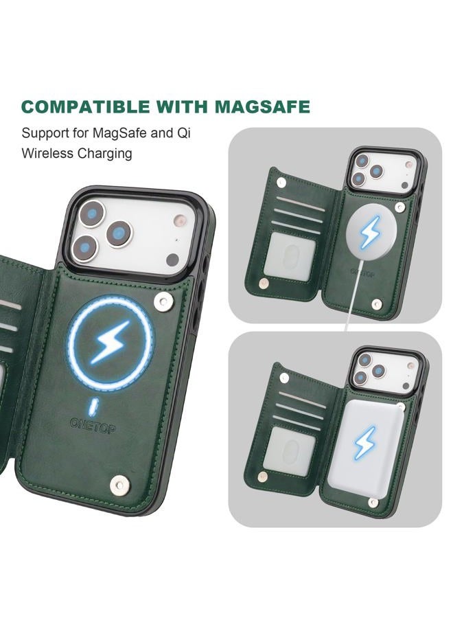 OT ONETOP حافظة محفظة ONETOP متوافقة مع Magsafe لجهاز iPhone 17 Pro Max مع حامل بطاقات، غلاف جلد PU مع واقي RFID، قفل مغناطيسي مزدوج وغلاف مقاوم للصدمات 6.9 بوصة (أخضر) - Image 5
