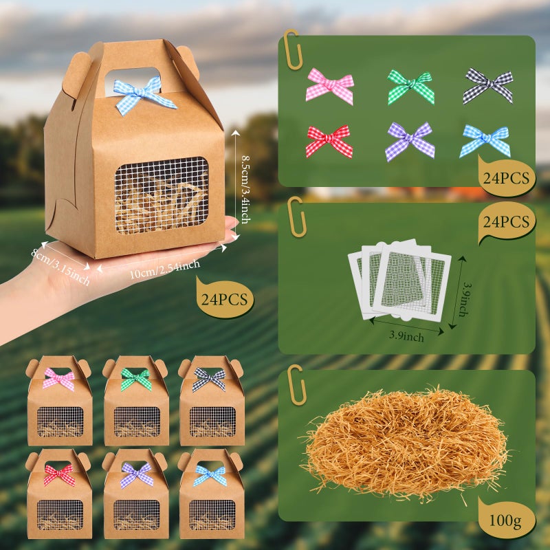 Maitys 24 Pcs Easter Chicken Party Favor Boxes Easter Foldable Chicken Box with Raffia Grass Bowknot Paper Straw Farm Animal Gift Treat Goodie Boxes Decor for Adopt Chick Party Birthday (Classic Style) - Image 3