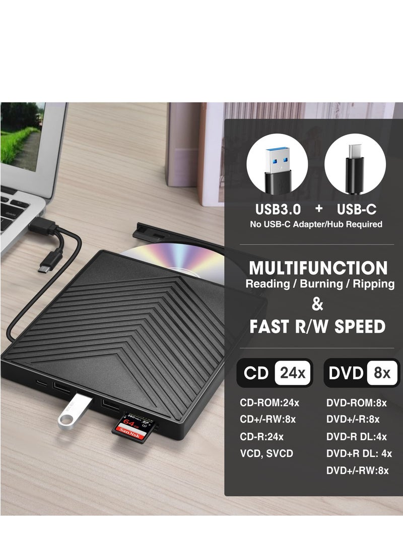 KASTWAVE External CD DVD Drive, Ultra Slim CD Burner USB 3.0 with 4 USB Ports and 2 TF/SD Card Slots, Optical Disk Drive for Laptop Mac, PC Windows 11/10/8/7 Linux OS - Image 4