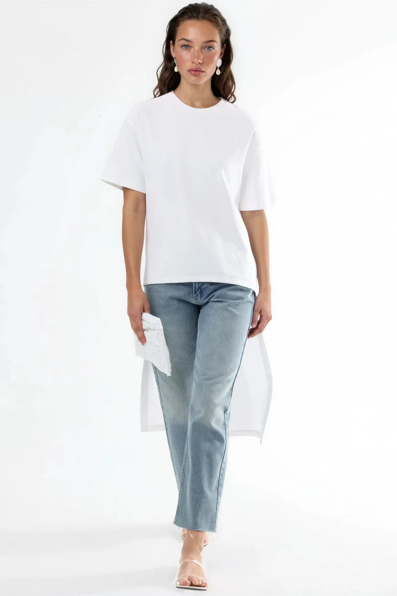 Busem White BUSEM Oversized Crew Neck Tunic with Slit for Women | Best Price UAE