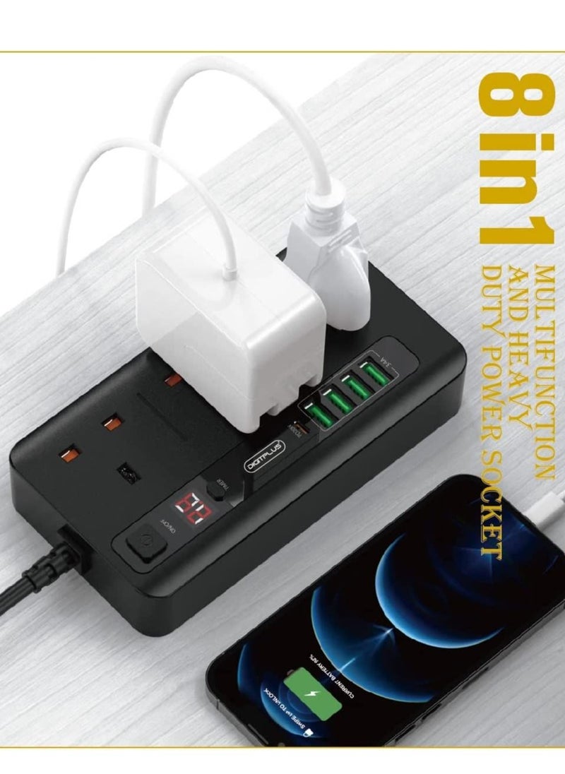3500w Multifunction Extension 4USB with 3 Power Socket with C-type USB Stereo Plug-in Black