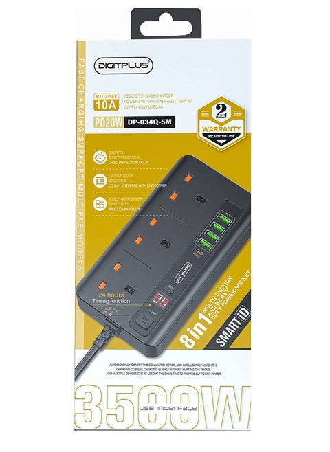 3500w Multifunction Extension 4USB with 3 Power Socket with C-type USB Stereo Plug-in Black