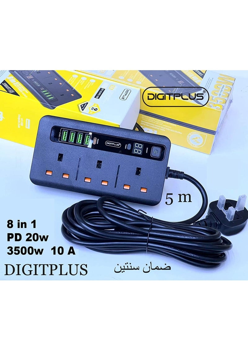 3500w Multifunction Extension 4USB with 3 Power Socket with C-type USB Stereo Plug-in Black