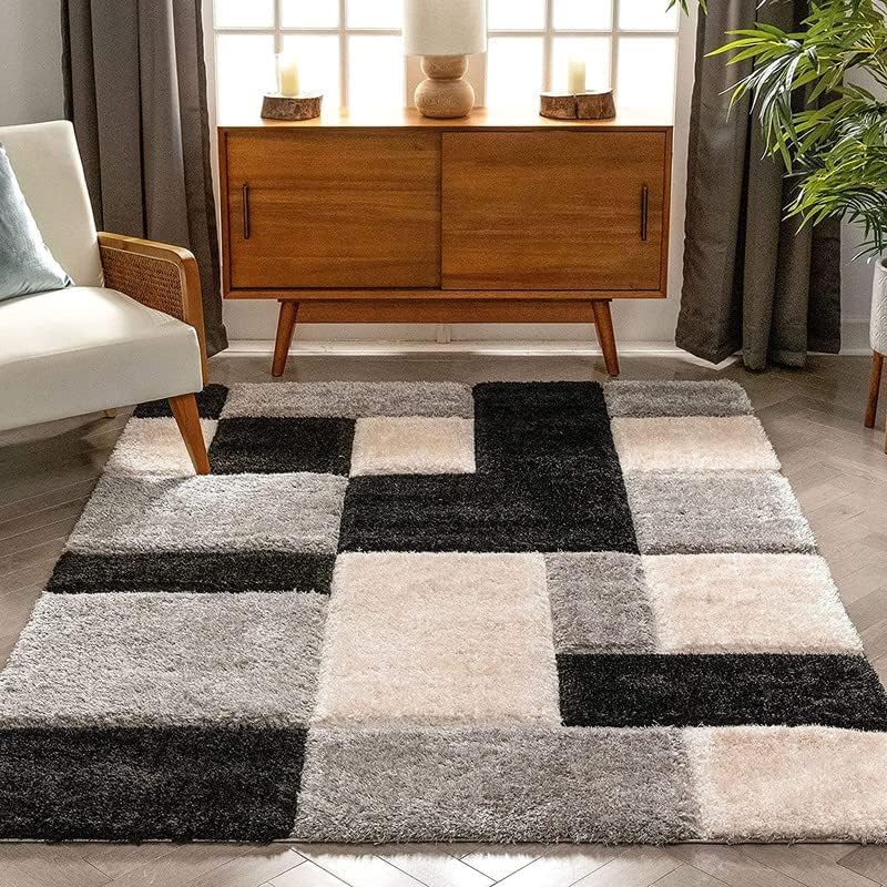 CARPET EMPORIO Premium Polyester Decorative Shaggy Carpet Bedside Runner Area Rug for Home Bedroom Kitchen Office Hall Door Mat BlackSilverIvory3 X 5 FEET - Image 1