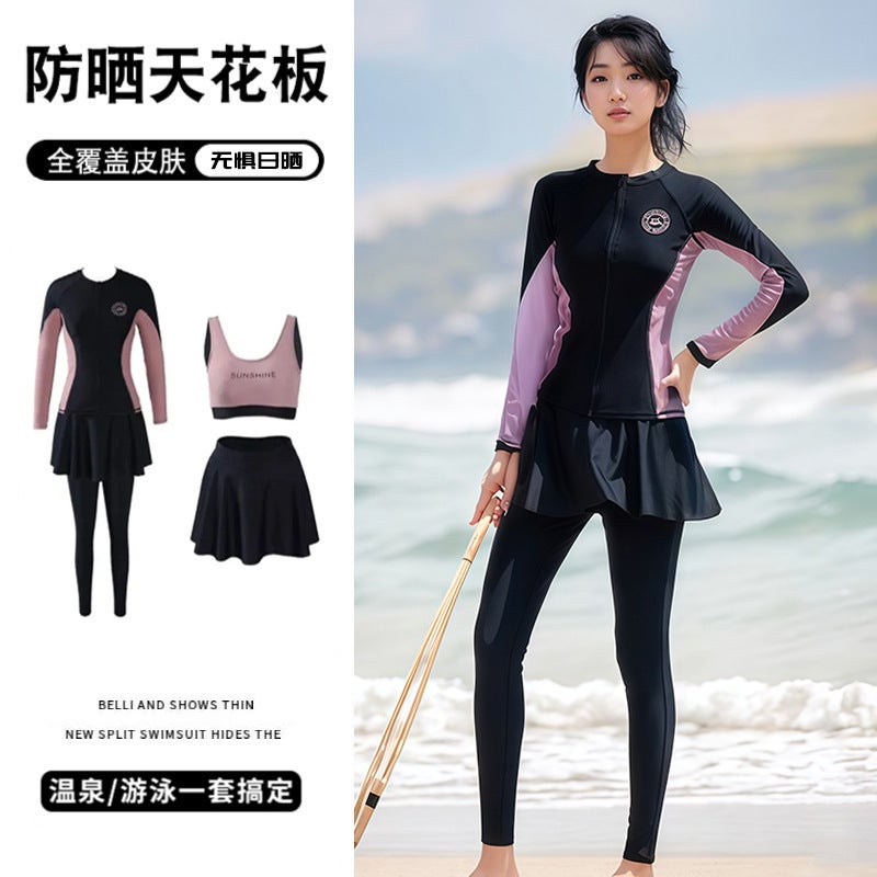 Women's Conservative Swimsuit with Skirt, Slimming and Tummy-Covering, Suitable for Surfing, Diving, and Snorkeling, Long-Sleeve, Long-Pants, Full-Body Sun Protection, Plus  Size - Image 1