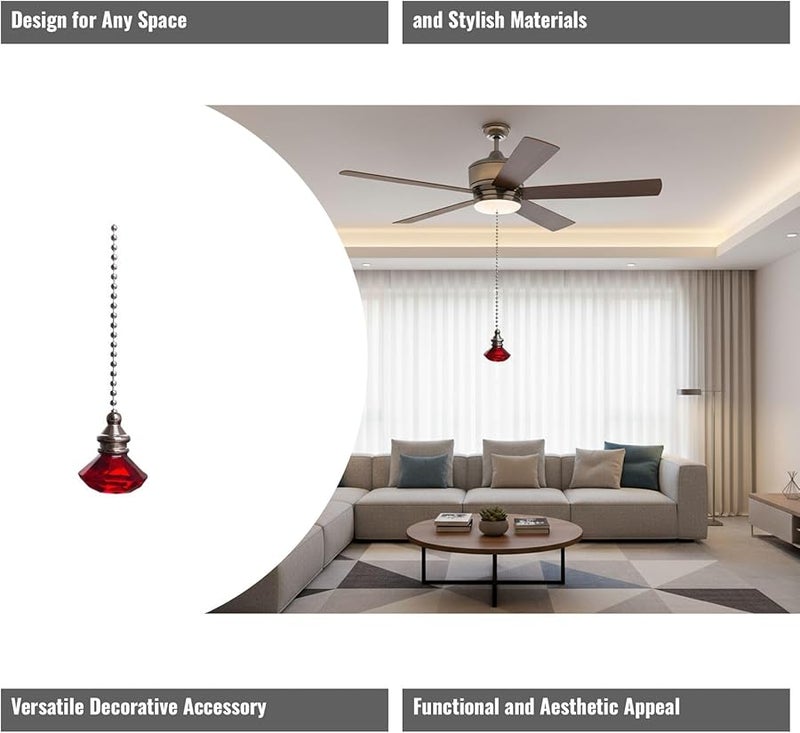 Red Crystal Fan Pull Pendant with Metal Bead Chain 50 cm for Indoor Outdoor Ceiling Fan - Image 2