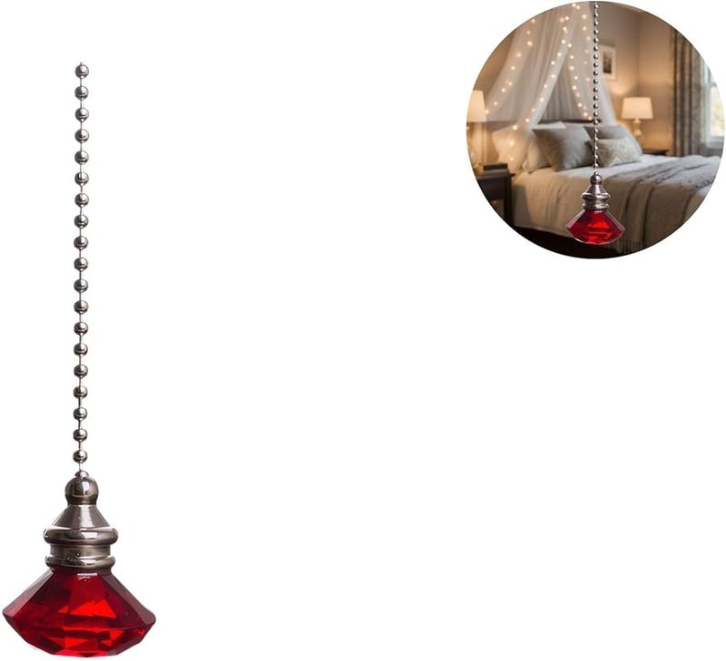 Red Crystal Fan Pull Pendant with Metal Bead Chain 50 cm for Indoor Outdoor Ceiling Fan - Image 3