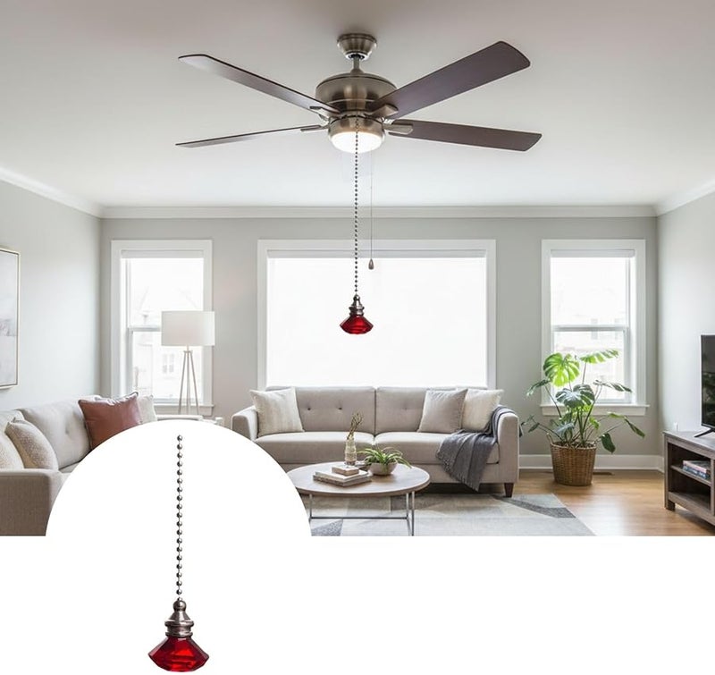 Red Crystal Fan Pull Pendant with Metal Bead Chain 50 cm for Indoor Outdoor Ceiling Fan - Image 4