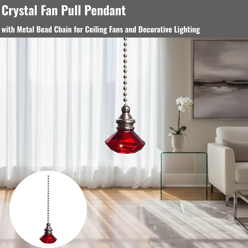 Red Crystal Fan Pull Pendant with Metal Bead Chain 50 cm for Indoor Outdoor Ceiling Fan - Image 1