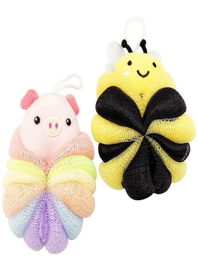 BETITETO Bath Sponges 2Pieces Cute Cartoon Animal Bath Loofahs Pouf Mesh Balls Body Scrubber Bathing Accessories Gifts for Women (Bee + Pig) - Image 1