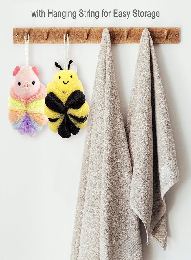 BETITETO Bath Sponges 2Pieces Cute Cartoon Animal Bath Loofahs Pouf Mesh Balls Body Scrubber Bathing Accessories Gifts for Women (Bee + Pig) - Image 2