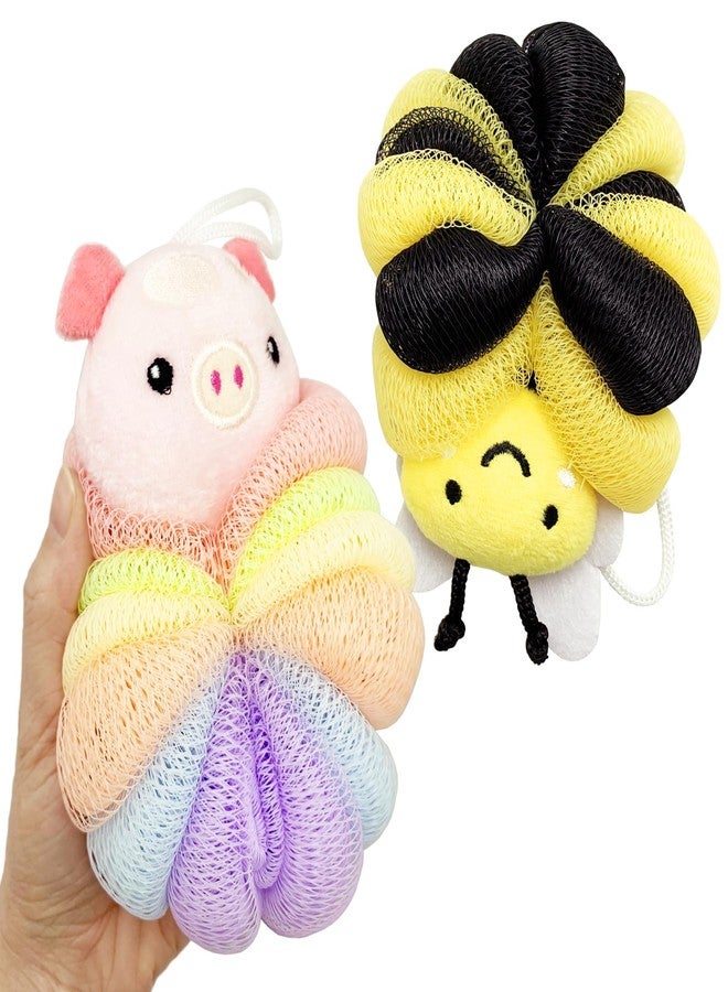 BETITETO Bath Sponges 2Pieces Cute Cartoon Animal Bath Loofahs Pouf Mesh Balls Body Scrubber Bathing Accessories Gifts for Women (Bee + Pig) - Image 3