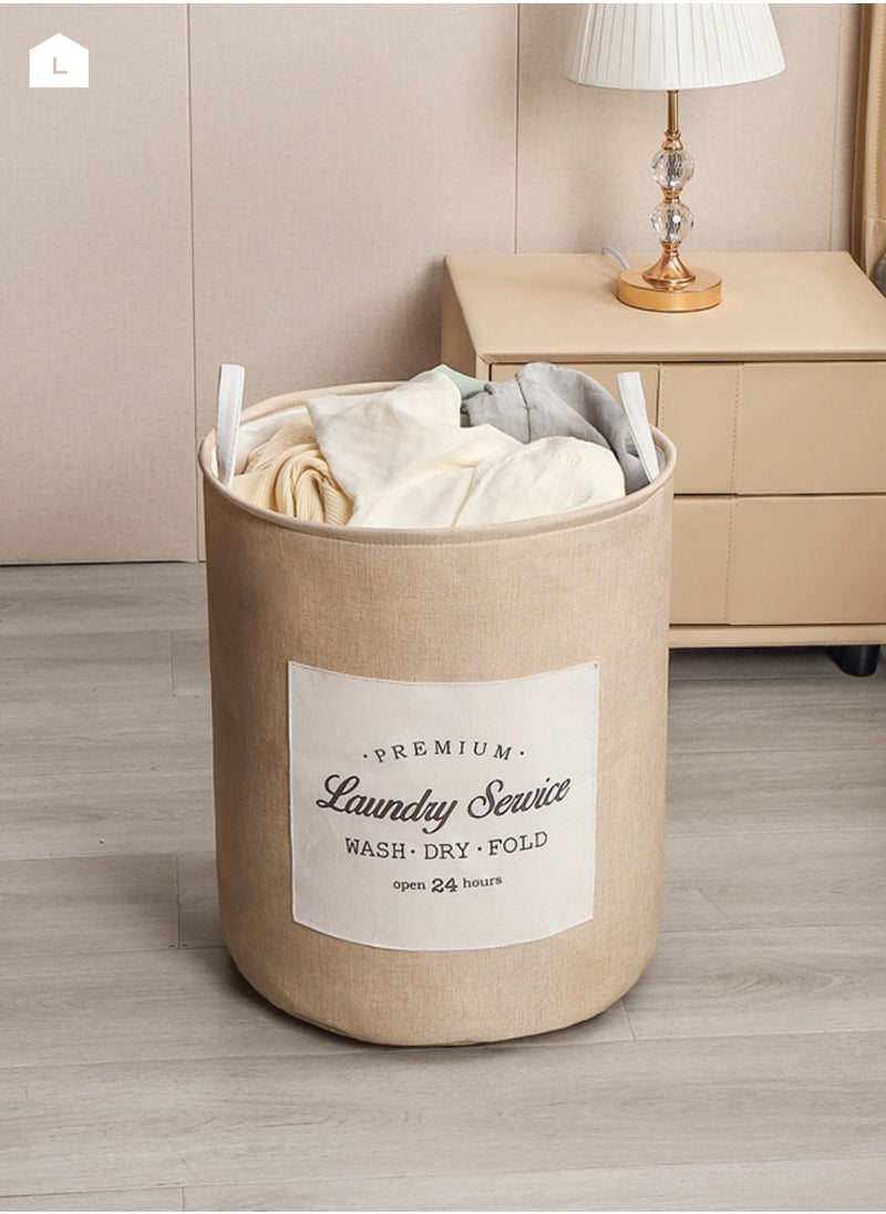 LAWAZIM - Round Laundry Basket with Printed Letters - Light Yellow - Collapsible Hamper with Handles, 50L Woven Fabric, Breathable & Odor-Resistant Storage Bin - Ideal for Laundry, Toys, Blankets, and Home Organization - Image 1