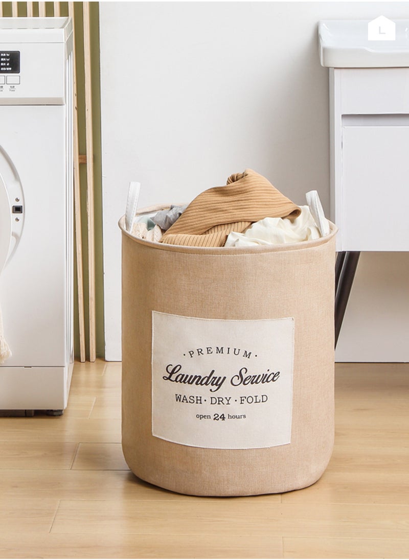 LAWAZIM - Round Laundry Basket with Printed Letters - Light Yellow - Collapsible Hamper with Handles, 50L Woven Fabric, Breathable & Odor-Resistant Storage Bin - Ideal for Laundry, Toys, Blankets, and Home Organization - Image 1