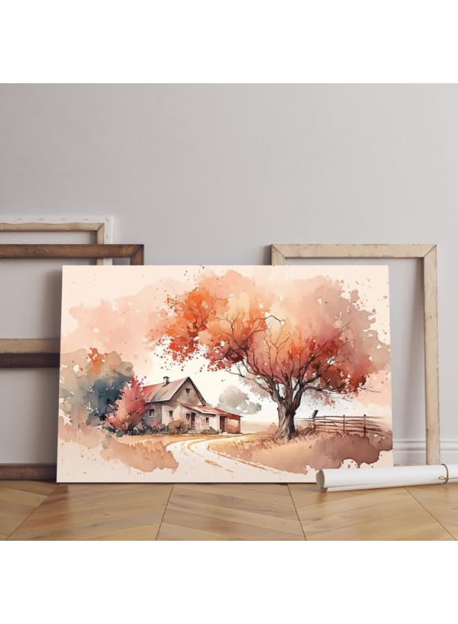 Home Gallery Autumn landscape with watercolor illustration house autumn tree 120x80 - Image 1