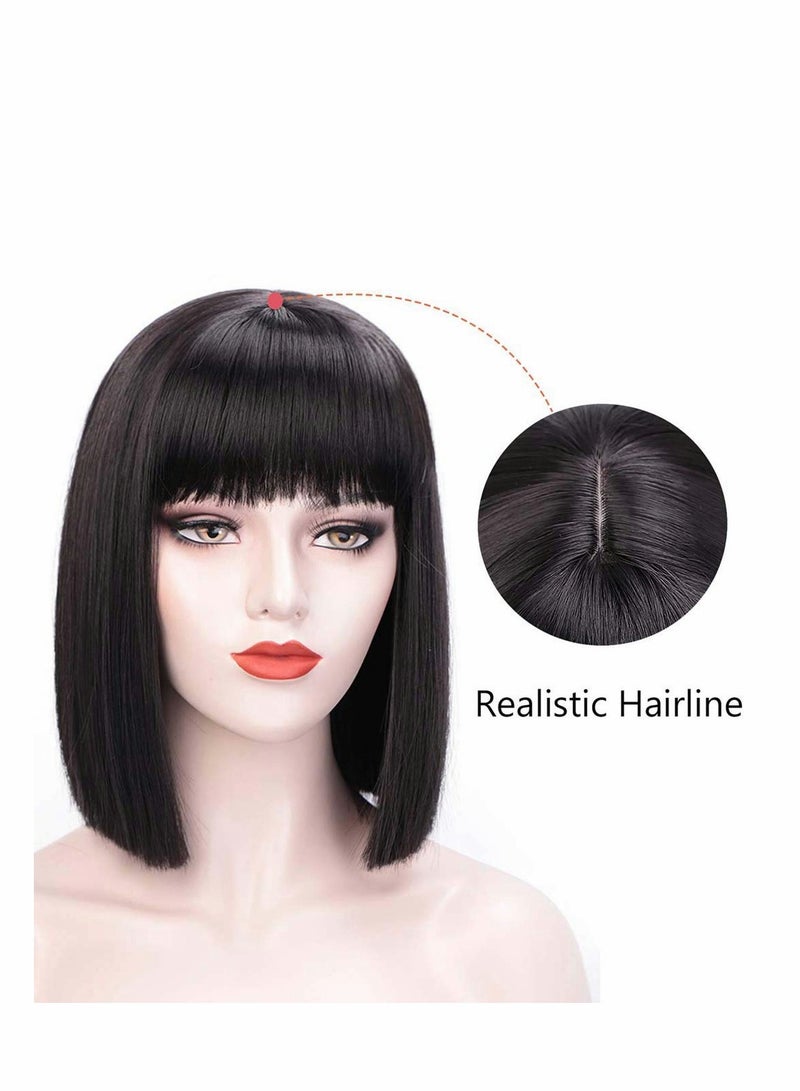 SOLARAE باروكة بوب قصيرة، باروكات سوداء مع غرة 12" مستقيمة مع غرة مسطحة مصنوعة من الألياف الصناعية، باروكة ملونة للعب اليومية والحفلات للنساء تبدو طبيعية كالشعر الحقيقي (أسود) - Image 5
