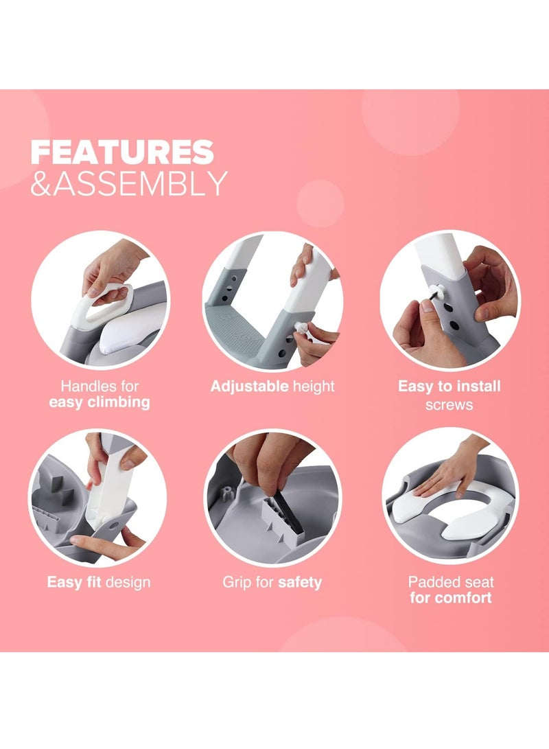 Hihonor Adjustable Potty Ladder Seat for Toilet Training with Steps,Handle & Soft Cushion Design Non Slip & Space Efficient Toddlers & Children Foldable & Easy Assembly Splash Guard Included Grey - Image 4