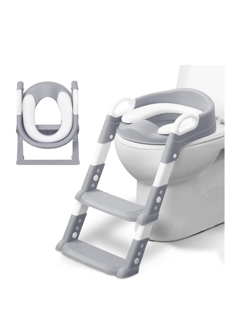 Hihonor Adjustable Potty Ladder Seat for Toilet Training with Steps,Handle & Soft Cushion Design Non Slip & Space Efficient Toddlers & Children Foldable & Easy Assembly Splash Guard Included Grey - Image 1