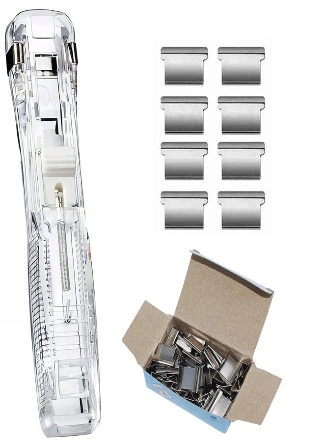AUGEN Push Stapler 1 Pack, Mini Office Supplies Paper Staplers with 40 Pcs Reusable Clips, Binder Paper Clamps Desktop Stapler, Clam Clip Dispenser for Office Document Home School Supplies (Clear) - Image 1